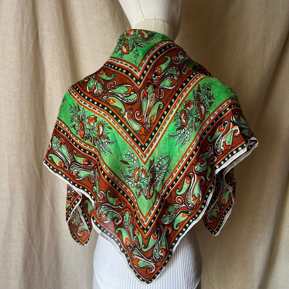 Vintage Sally Gee Silk Scarf Green Brown Orange Floral Paisley 31x31 Square 70s